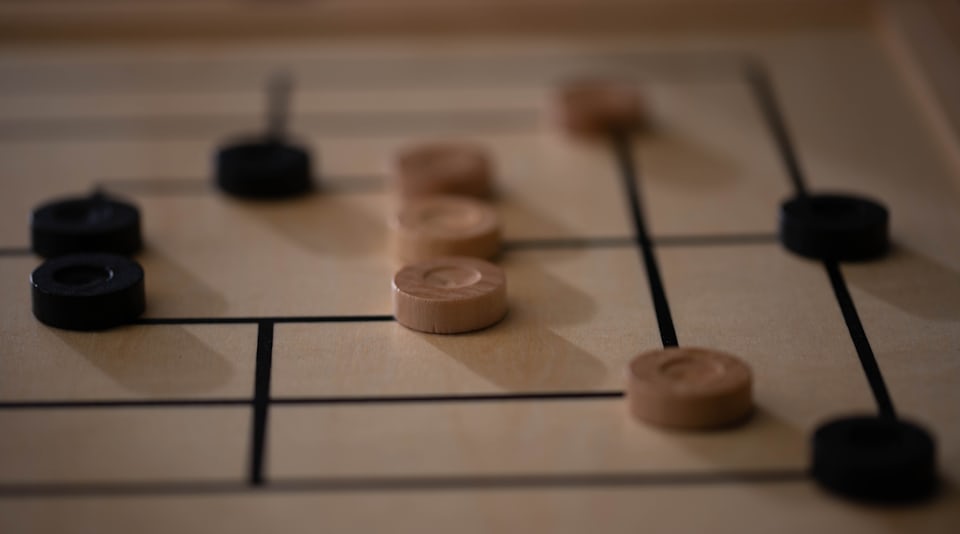 Light and dark playing pieces on a wooden board